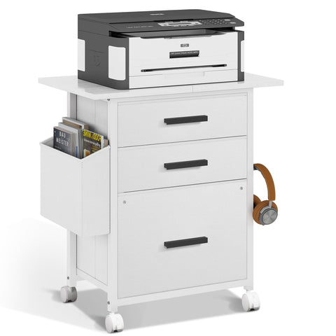NASHZEN File Cabinet Printer Stand, Mobile Filing Cabinet with 3 Storage Drawers, for Hanging A4, Letter Size File Folders, Storage Bag and Hooks Home Office, White