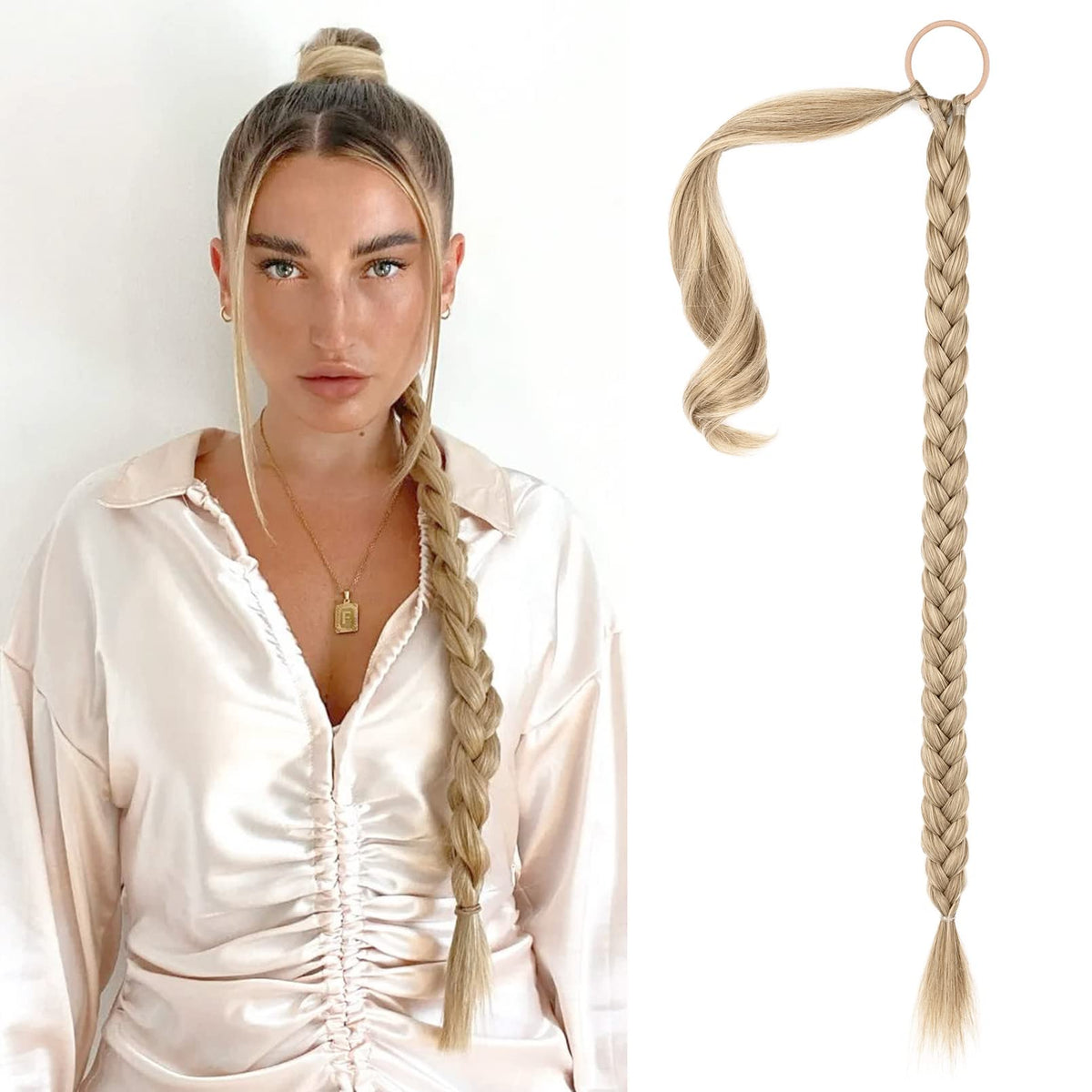 SEIKEA Long DIY Braided Ponytail Extension with Hair Tie Straight Wrap Around Hair Extensions Ponytail Natural Soft Hairpiece Blonde with Pale Gold Highlights 34 Inch (After Braided 30 Inch)