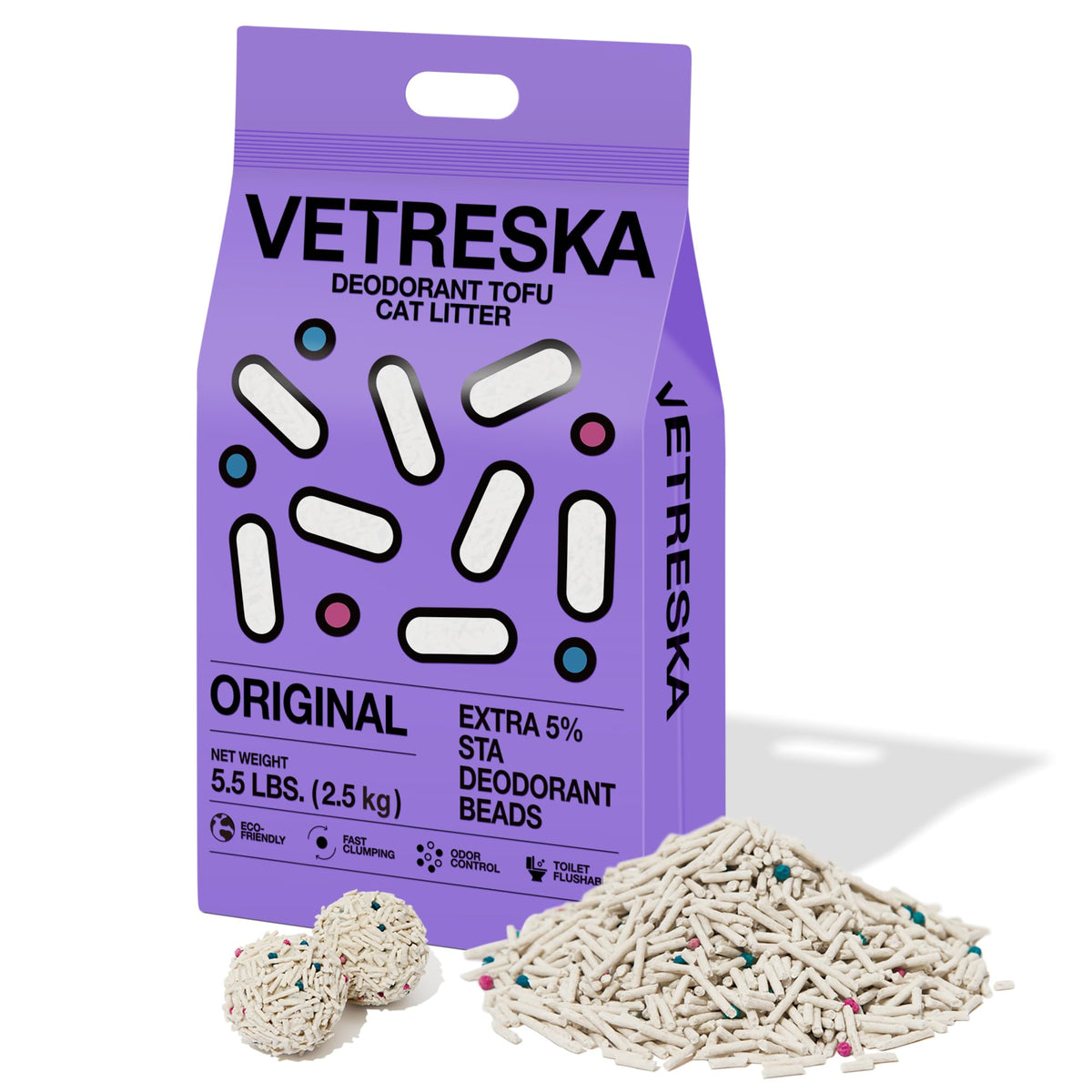 VETRESKA Tofu Cat Litter,Natura Kitty Litter Strong Clumping Flushable Cat Litter Pellets Ultra Absorbent Odor Control Tofu Litter,Dust-Free,Low Tracking,Eco-Friendly,Original(5.5lbÃƒâ€”1bag)