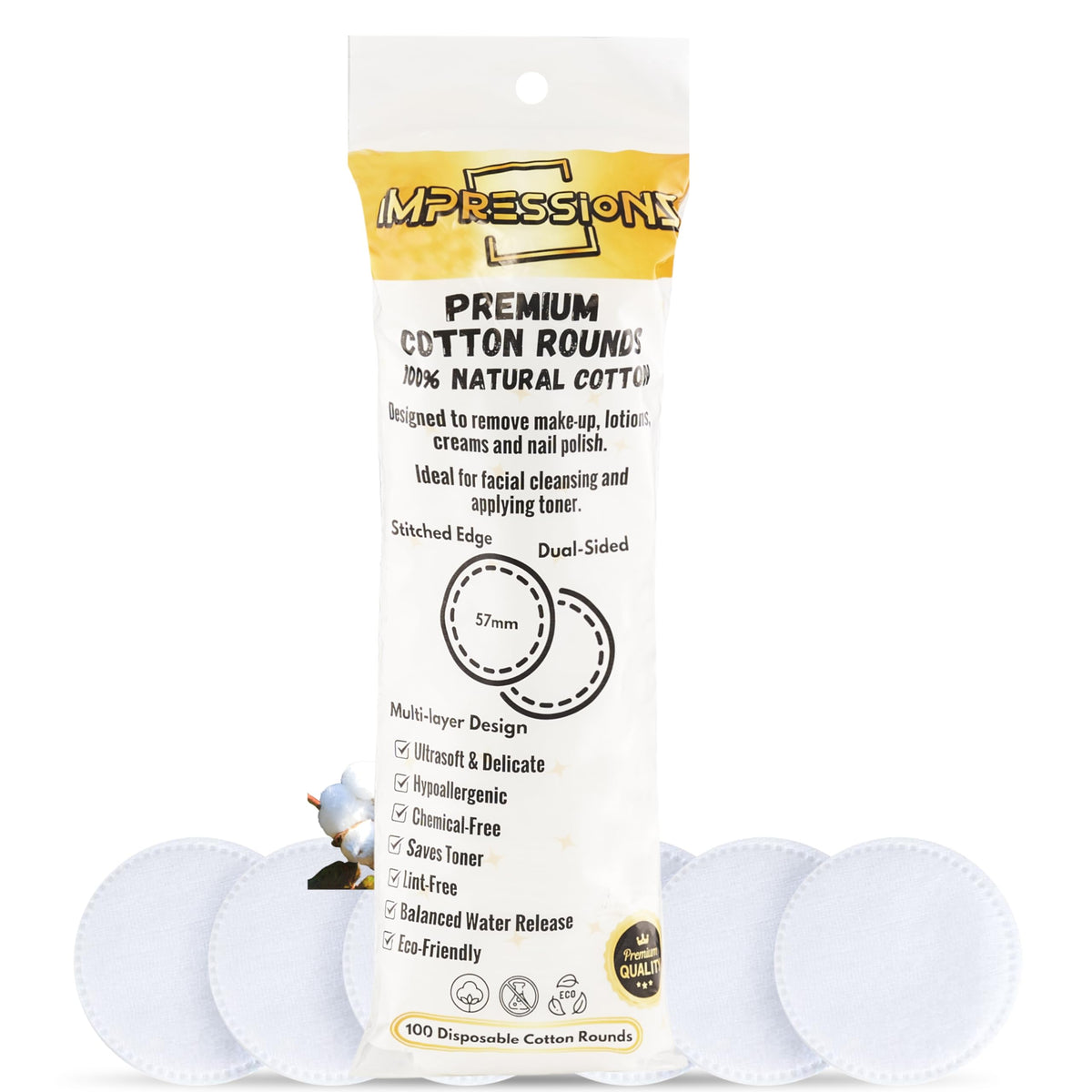 ImpressionZ Premium Cotton Rounds for Face (100 Count) - 100% Pure Natural Cotton Pads, Hypoallergenic, Lint-Free Makeup Remover, Toner & Cream Applicator for Sensitive Skin