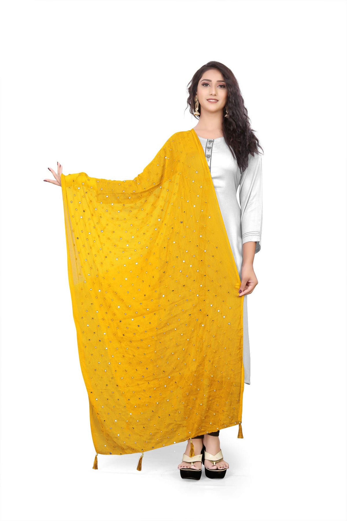 themilestocks TMS Woman's Embroidered Chiffon Dupatta Scarf Shawl Wrap Soft Indian Bridal Wedding (Yellow)