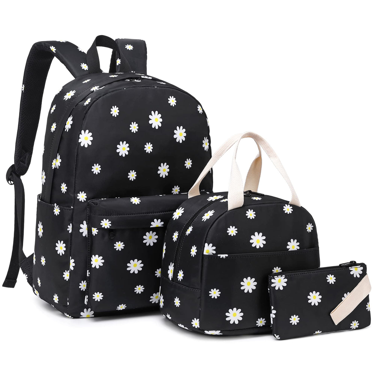 Mimfutu School Backpack for Teen Girls, 3-in-1 Kids Backpack Bookbag Set School Bags with Lunch Box Pencil Case (Flowers Black)