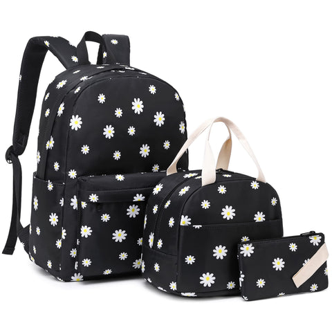 Mimfutu School Backpack for Teen Girls, 3-in-1 Kids Backpack Bookbag Set School Bags with Lunch Box Pencil Case (Flowers Black)