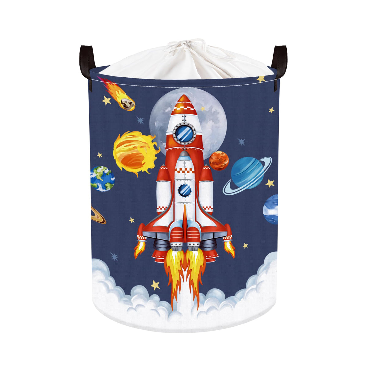 Clastyle 45L Space Planets Rocket Launch Laundry Hamper for Boy Blue Meteorite Round Toy Clothes Storage Basket for Nursery Room