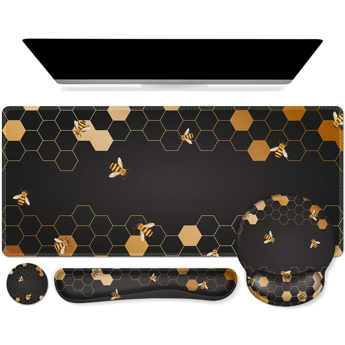 iCasso Desk Mat, Gaming Mouse Pad Wrist Support Set,4in1 XXL Large Mousepad + Keyboard Wrist Rest+Mouse Wrist Rest+Coaster Set with Ergonomic Design for Home Office Table Computer-Honeycomb