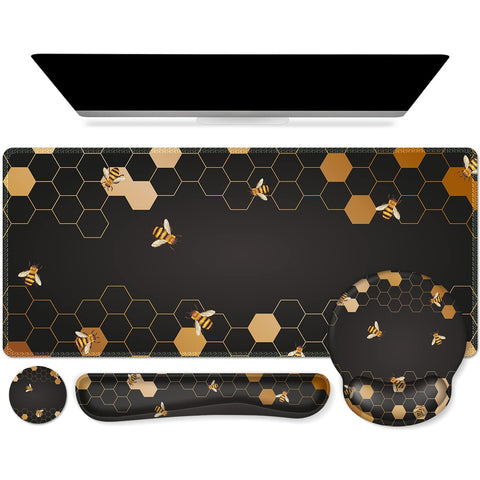 iCasso Desk Mat, Gaming Mouse Pad Wrist Support Set,4in1 XXL Large Mousepad + Keyboard Wrist Rest+Mouse Wrist Rest+Coaster Set with Ergonomic Design for Home Office Table Computer-Honeycomb