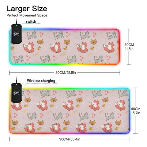 Cute Cartoon Cat Wireless Charging Mouse Pad for Mobile Phone Extra Large Gaming Mousepad with 13 Lighting Modes Extended Desk Mat for Gaming MacBook PC Laptop Desk Office Home