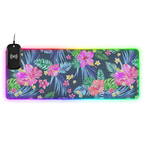 Hibiscus Palms Daisies Flowers Wireless Charging Mouse Pad for Mobile Phone Extra Large Gaming Mousepad with 13 Lighting Modes Keyboard Mat for MacBook PC Laptop Desk Office Home Gaming