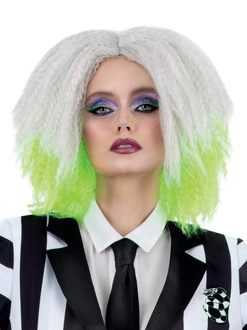 Smiffys Beetlejuice Wig for Adults Wavy Mid-Length Wig with Neon Green and Grey Colours Official Warner Brothers Licensed Wig Ideal for 1980s Halloween Womens Wig