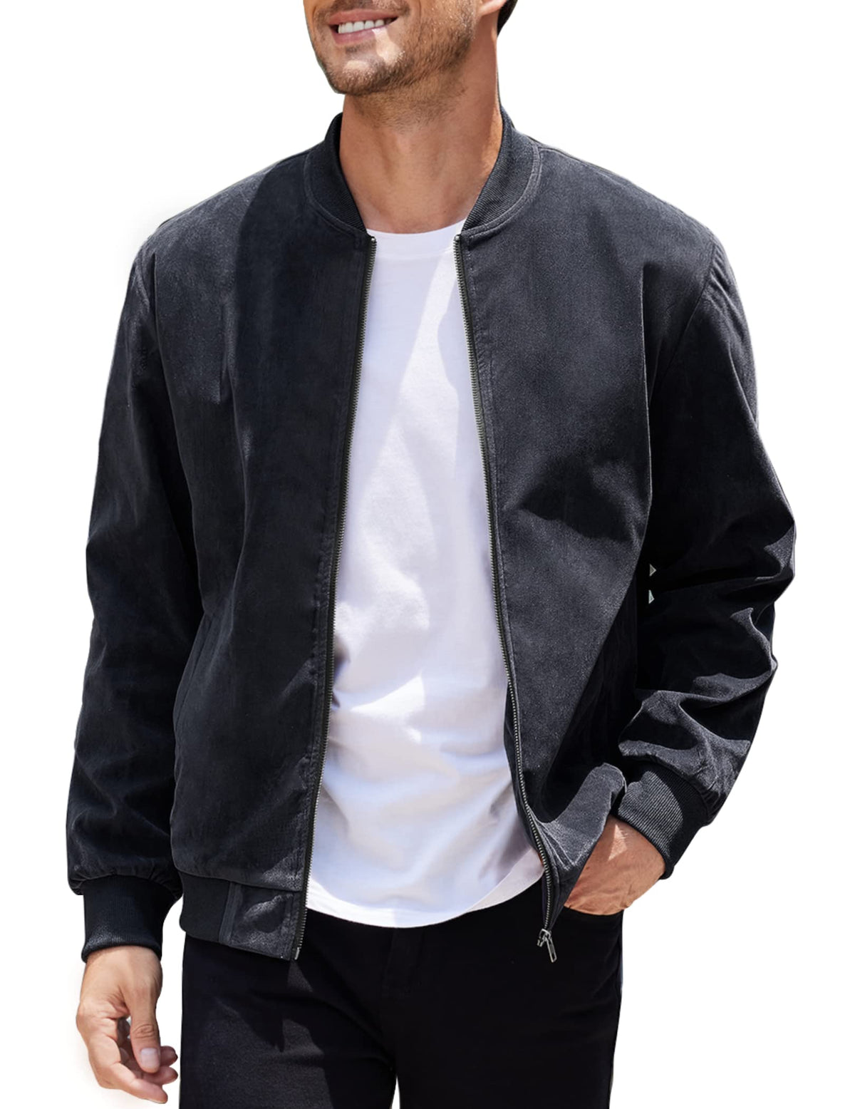 COOFANDY Men's Casual Varsity Jacket Vintage Lightweight Suede Bomber Jackets, Navy Blue, L