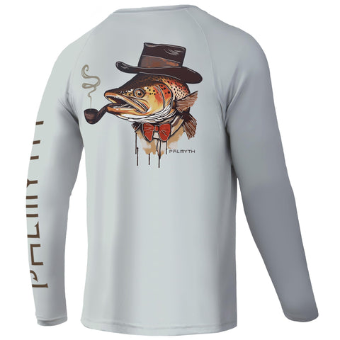 Palmyth Fishing Shirts for Men Long Sleeve UPF 50+ T Shirt Sun Protection Tee, Gray / Big Trout, XL