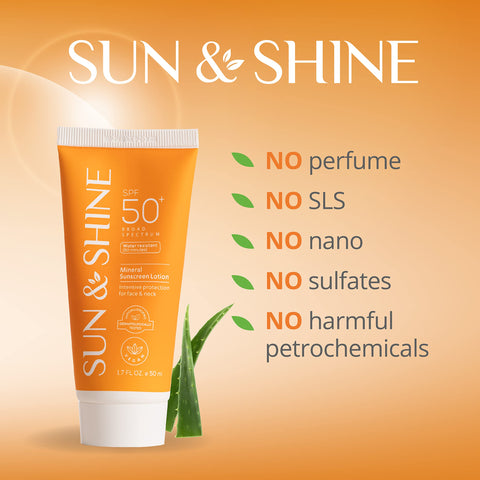 SUN & SHINE MINERAL SUNSCREEN LOTION: SPF50 Broad Spectrum UVA UVB, Face Neck Protection, face mineral lotion Zinc Oxide, for Sensitive Skin,reef safe, fragrance free 1.7 Oz