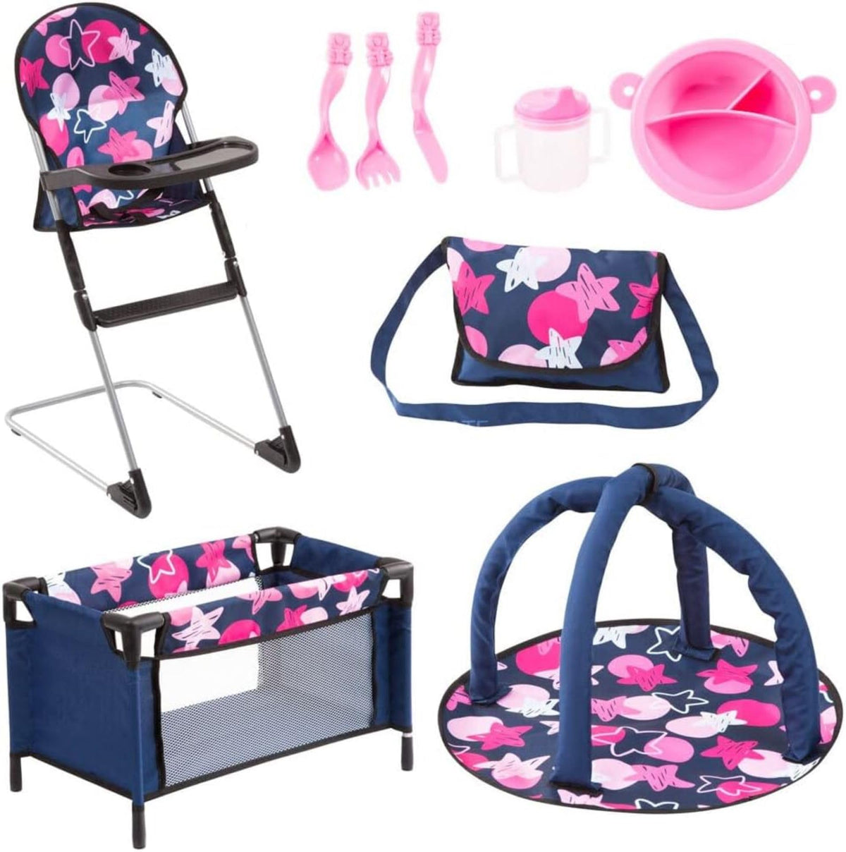 Bayer Design 61769AB Set 9 in 1 for dolls with highchair, bag, plate with cutlery and drinking cup, a play mat and travel bed, doll accessories set, blue pink stars