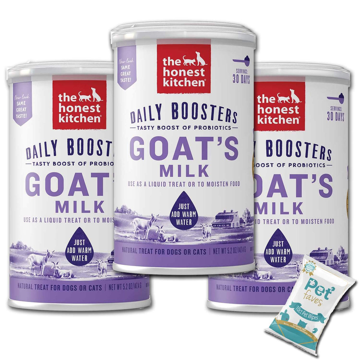 The Honest Kitchen (3 Pack) Instant Goat's Milk with Probiotics for Dogs and Cats 5.2 oz with 10ct Pet Feves Wipe
