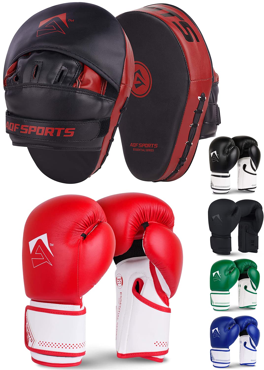 AQF Boxing Gloves & Pads Set for Training Kickboxing & MMA Muay Thai Punching Glove with Curved Boxing Pads for Coaching Martial Arts (8oz, Red)