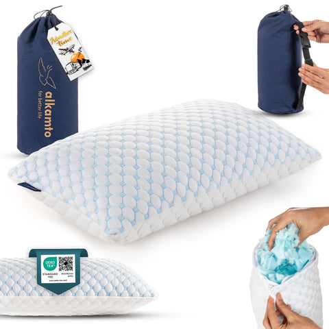 alkamto Travel & Camping Comfortable Memory Foam Pillow - Easy to Carry Portable Bag - Temperature Regulating Pillow Case (White)
