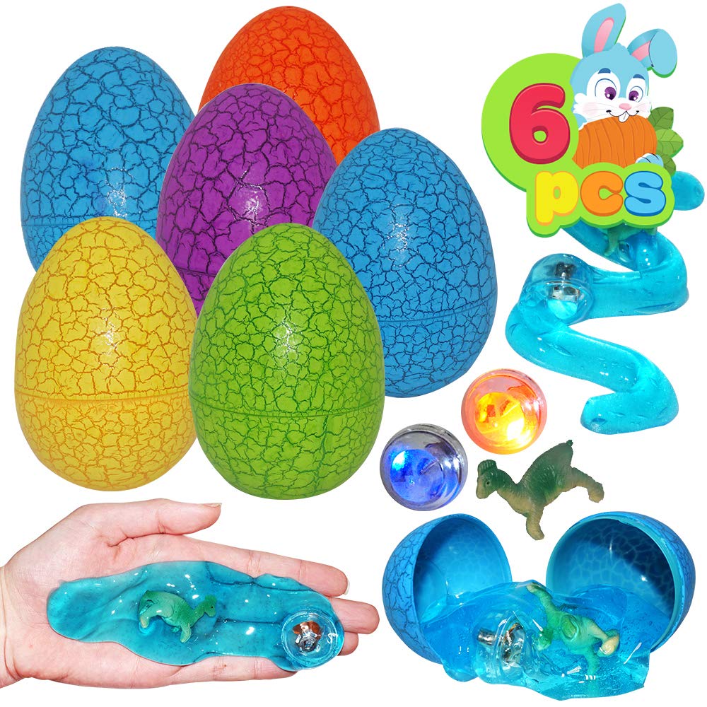 6 Pcs Prefilled Jumbo Easter Dinosaur Eggs Filled with Crystal Putty Slime & Figures for All Ages Kids Easter Theme Party Favor, Easter Hunt Game, Easter Basket Stuffers, Great Family Games.