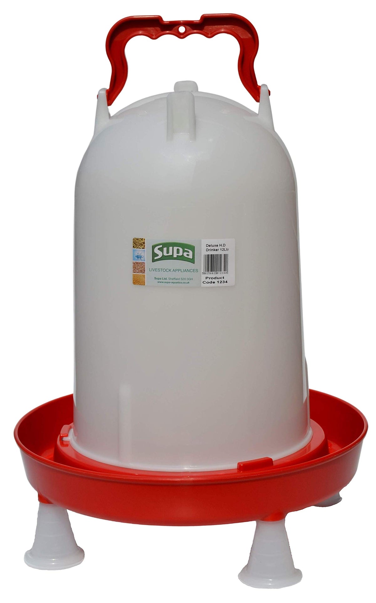Supa Deluxe Heavy Duty Poultry Water Drinker, 12 Litre Premium Quality Drinker, Red and White, Made In The UK