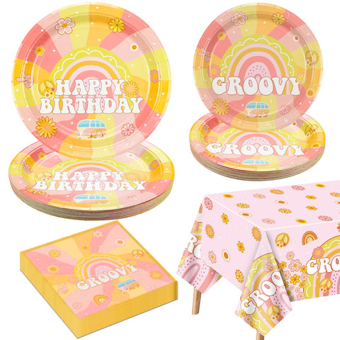 Groovy Party Decorations for 20 Guests, Includes Boho Hippie Birthday Paper Plates, Napkins, Groovy Tablecloth for Retro Hippie Boho Rainbow Dasiy Birthday Party Supplies, Two Groovy Birthday Party