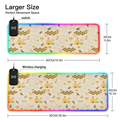Bees Wireless Charging Mouse Pad for Mobile Phone Extra Large Gaming Mousepad with 13 Lighting Modes Mouse Mat for MacBook PC Laptop Desk Office Home Gaming