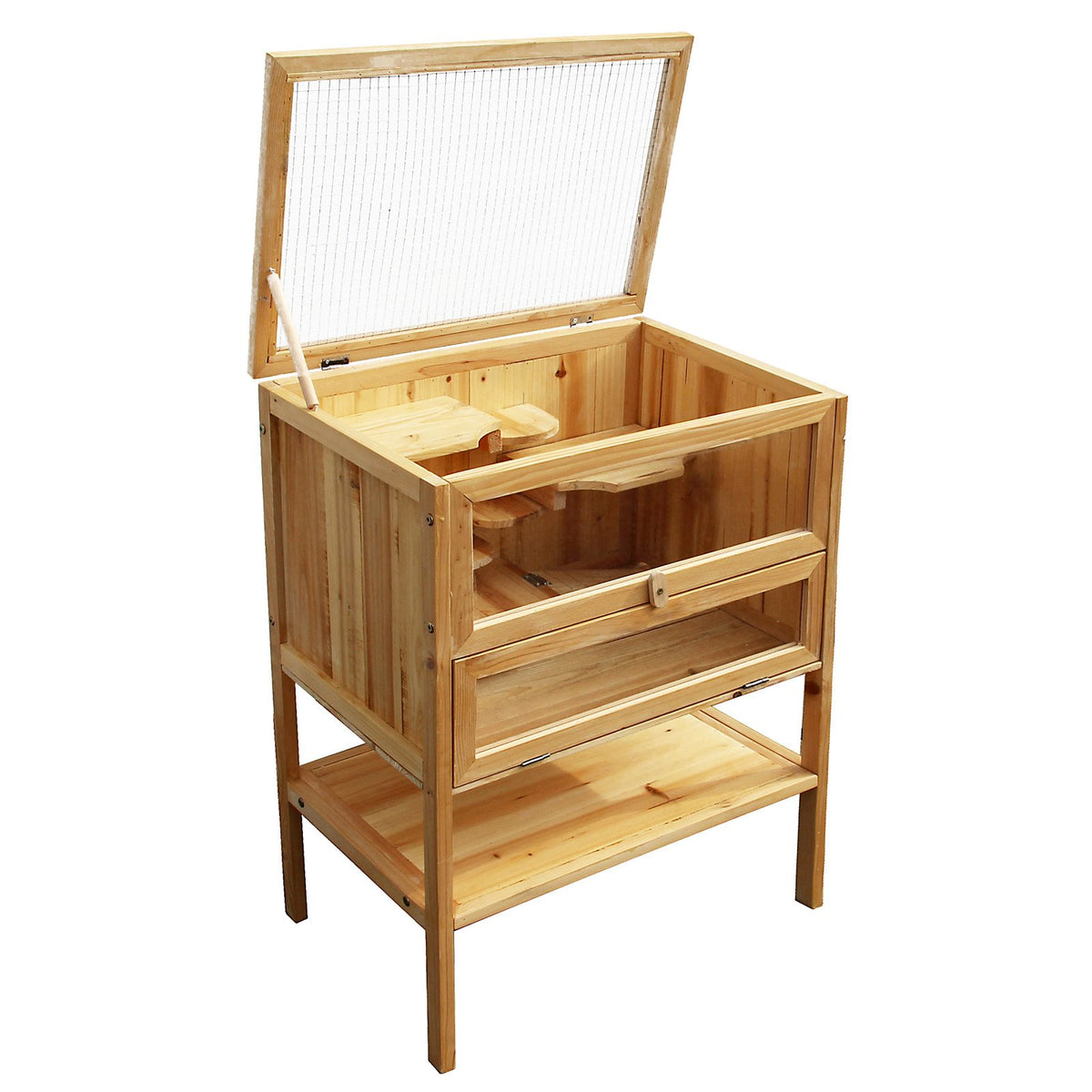 Wooden Rodent Cage 60x40x80cm with 3 Floors, Acryl Glass Front & Hinged Cover for Hamster, Mice etc