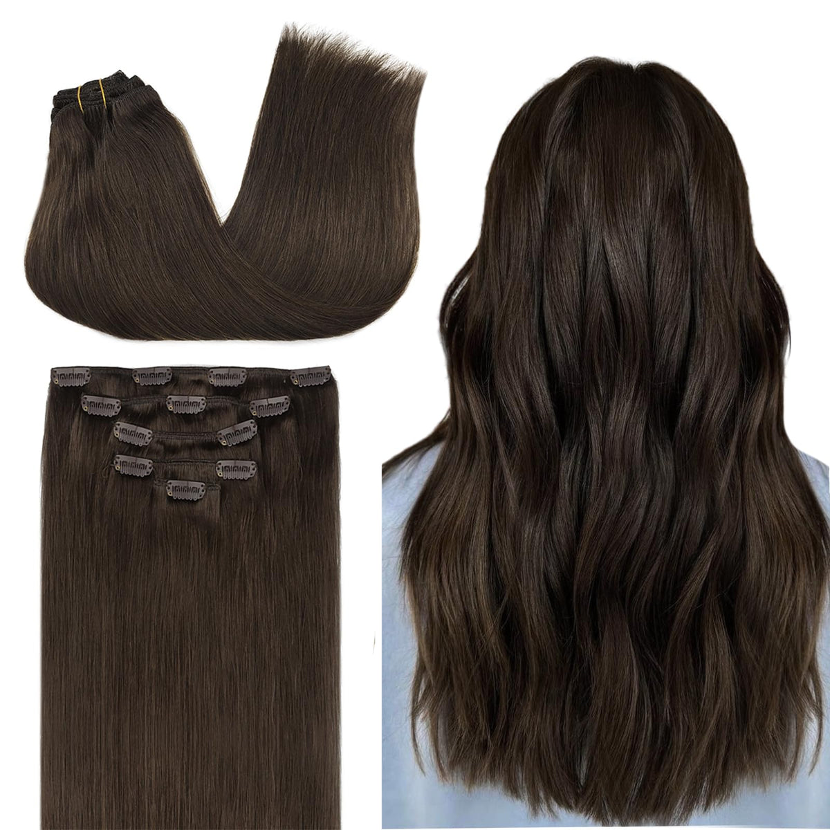DOORES Clip in Human Hair Extensions, 80g 5pcs Light Dark Brown 20 Inch Remy Hair Extensions Clip in Straight Natural Hair Extensions