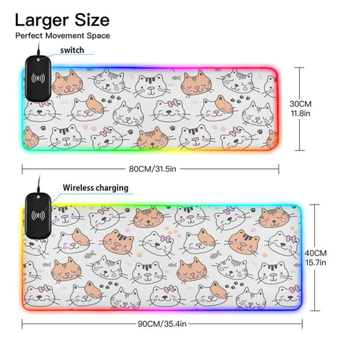 Cute Cat Animal Wireless Charging Mouse Pad for Mobile Phone Extra Large Gaming Mousepad with 13 Lighting Modes Extended Desk Mat for Gaming MacBook PC Laptop Desk Office Home