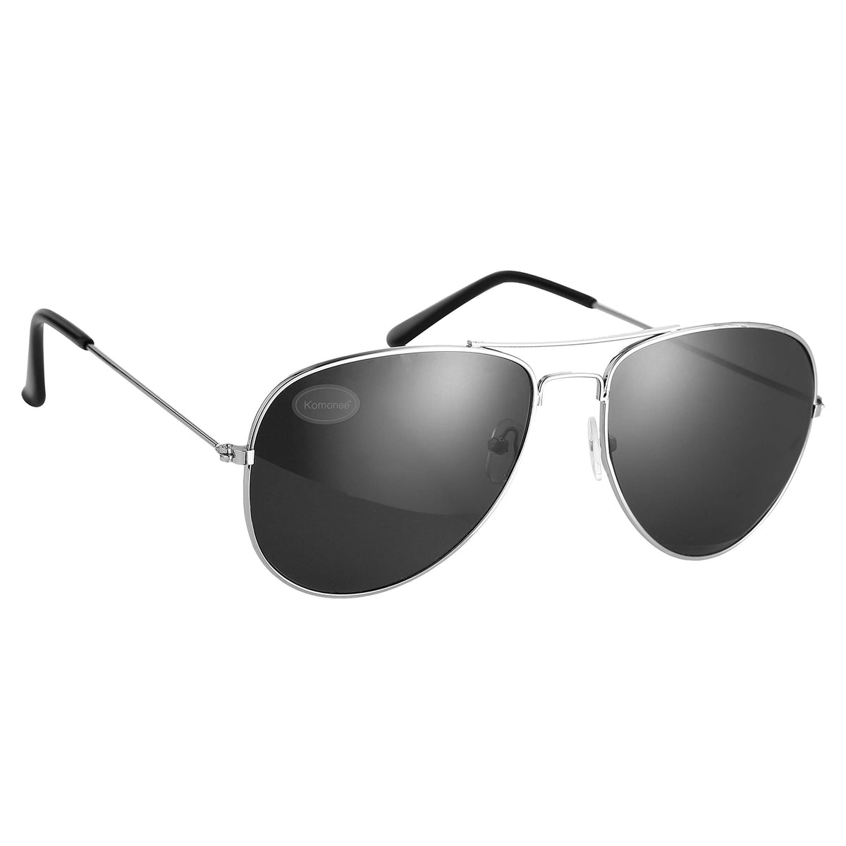 Komonee Pilot Style Silver With Black Lens Sunglasses Designer Unisex Mens Womens UV400 Protection Classic Shades Great For Cycling Golf Fishing Sports