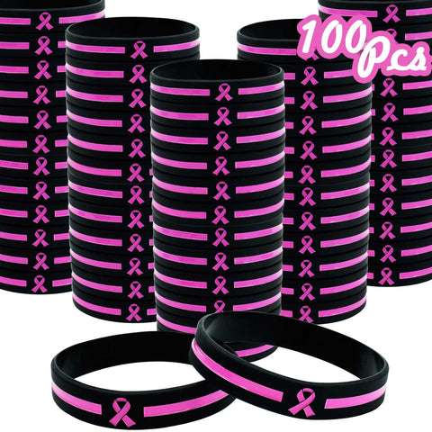 Temogole 100 Pcs Breast Cancer Awareness Bracelets Bulk Items Accessories Simple Pink Ribbon Silicone Wristbands for Women Breast Cancer Awareness Month Favors Fundraiser Survivors Gifts