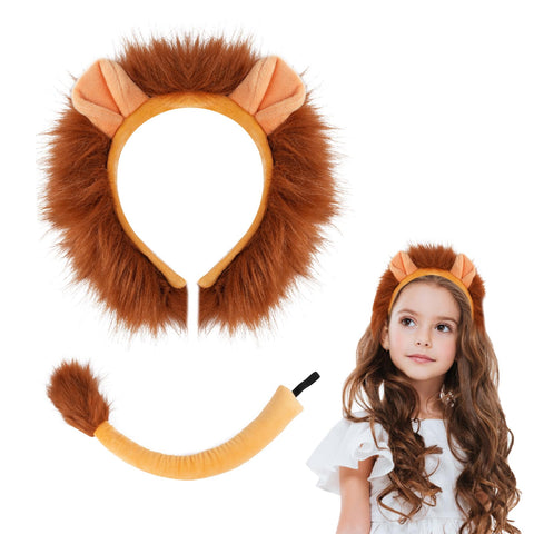 ACWOO Animal Costume Accessories set, 2PCS Lion Ears Headband & Tail Set for Kid and Adult, Animal Fancy Dress for Halloween Birthday Christmas Cosplay Accessoy Lion Theme Party Favors