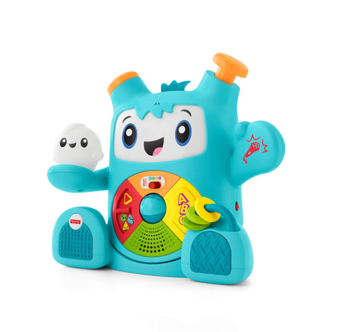 Fisher-Price Mon Ami Rocki Interactive Robot Toy Sounds and Lights to Teach Baby Letters and Shapes, 6 Months and Over, French Version, FXD01