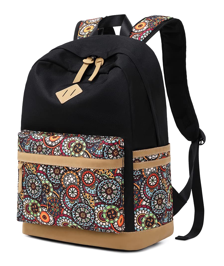 Swacort Black Backpack for School Women Canvas Travel Laptop Backpacks for Boys Girls Schoolbag Toddler Kids Bookbag Casual Lightweight Back Pack Cute Carry on Boho Daykpack