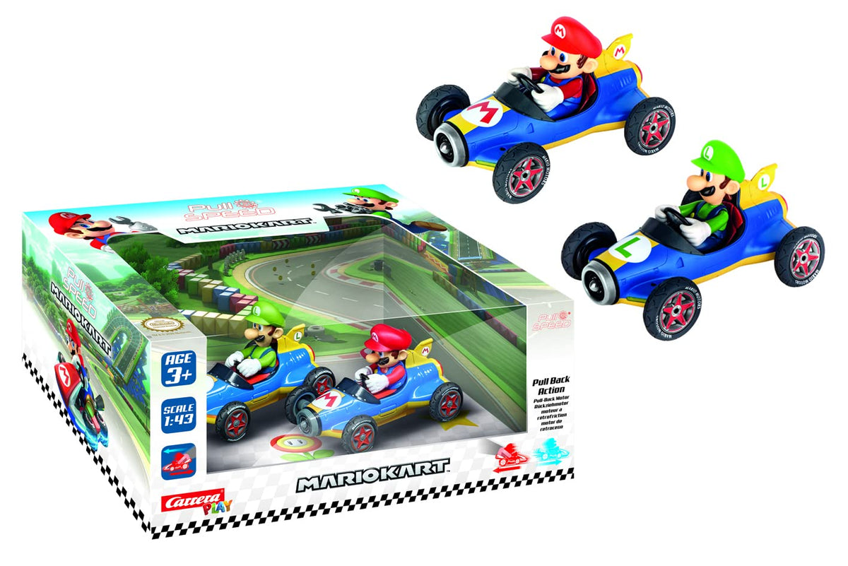 Carrera Pull & Speed 15813018 Official Licensed Kids Mario Kart Toy Car Pull Back Vehicle for Ages 3 and Up - Mach 8 Mario/Mach 8 Luigi