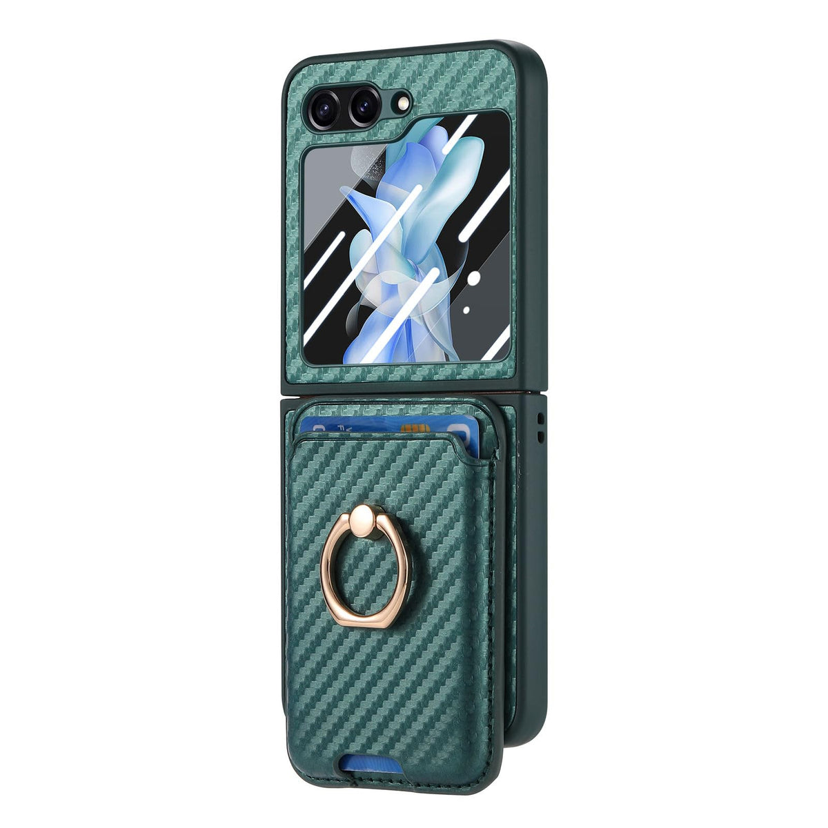 COQUE Case for Samsung Galaxy Z Flip 6,Fiber Patterned Phone Case with Built-In Rear Screen Protector,Equipped with Magnetic Card Holder and Circular Bracket-Green