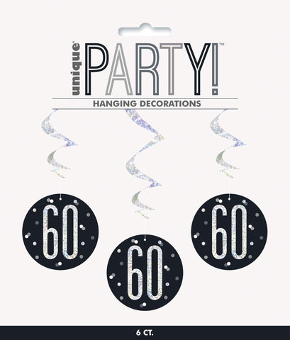 Unique 83788 Black Prismatic 60th Birthday Hanging Decorations,32" 6 Pcs, Age 60