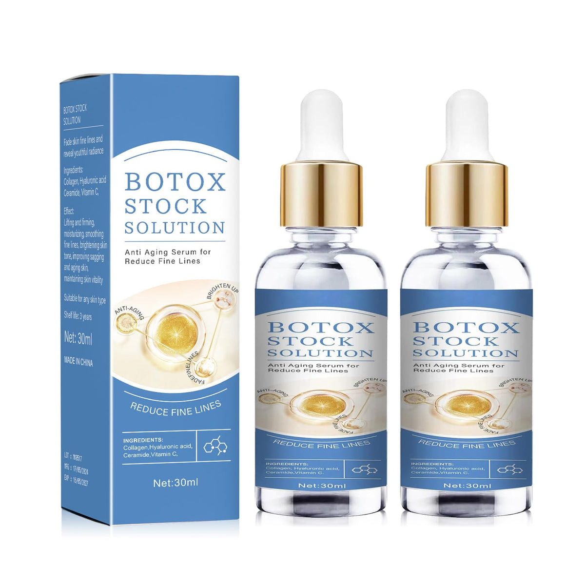 Botox Face Serum,Botox Stock Solution Facial Serum,Botox in A Bottle,Rich in Vitamin C & E,Anti-aging,Smooth Wrinkles (2PCS)
