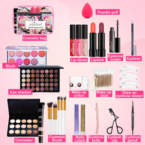 All-in-one Makeup Set Gift Surprise, Full Makeup Kit for Women Cosmetic Essential Starter Bundle Include Eyeshadow Palette Lipstick Concealer Face Powder Lipgloss Brush