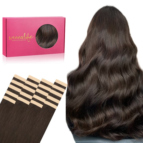 WENNALIFE Tape in Hair Extensions Human Hair, 20pcs 50g 24 inch Light Dark Brown Remy Hair Extensions Straight Human Hair Tape in Extensions Skin Weft Tape Extensions Human Hair
