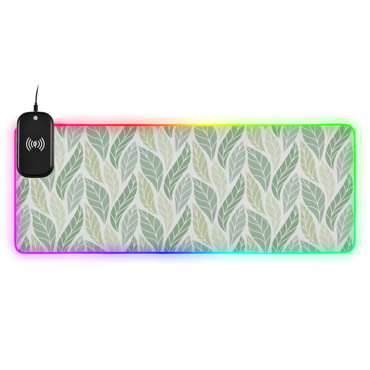 Green Leaves Wireless Charging Mouse Pad for Mobile Phone Extra Large Gaming Mousepad with 13 Lighting Modes Extended Mat for MacBook PC Laptop Office Home Gaming