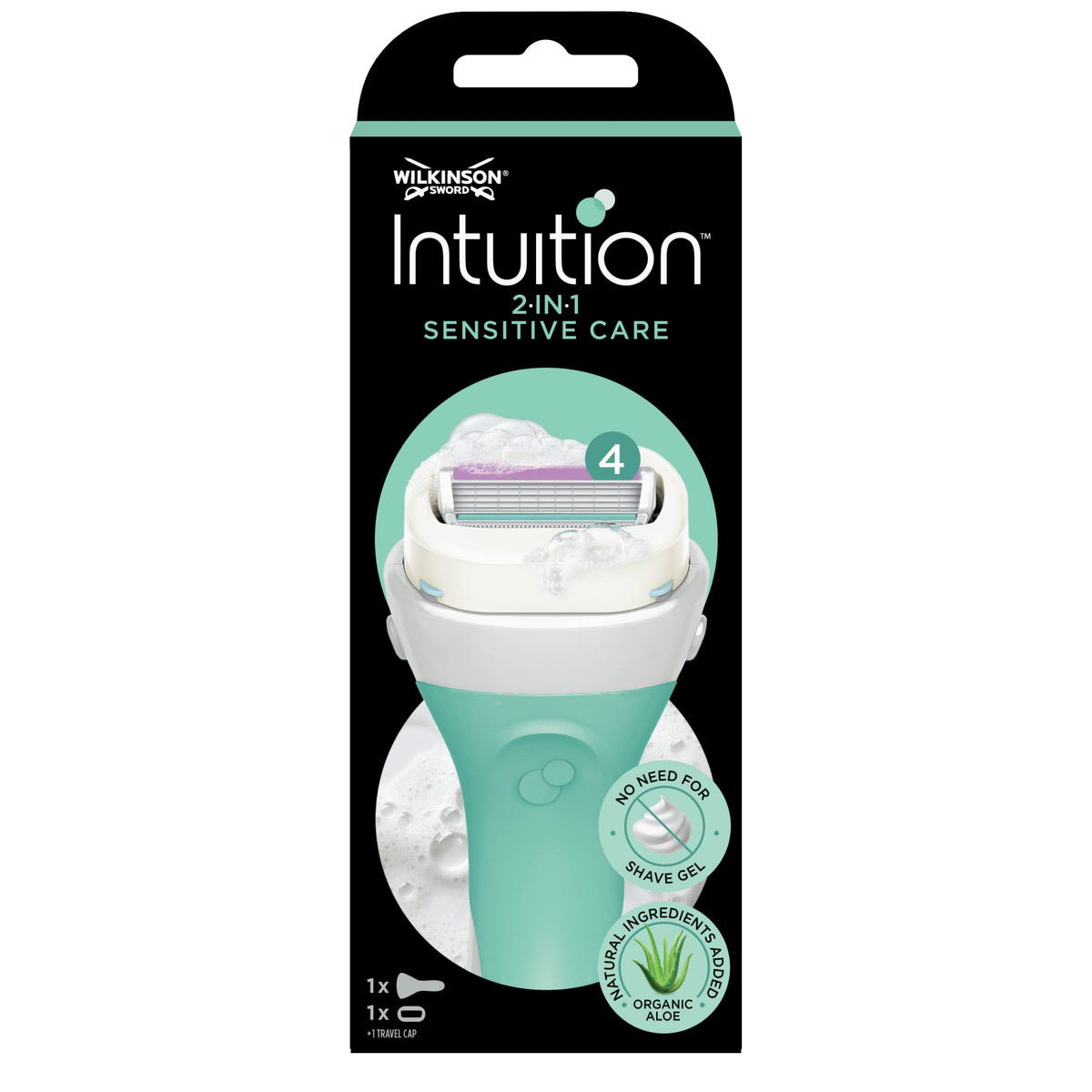 Wilkinson Sword Intuition 2in1 Sensitive Care Razor, 4-Blade Soap System, Flexible Head, Dermatologically Tested Soap with Aloe Vera, Blue, Women