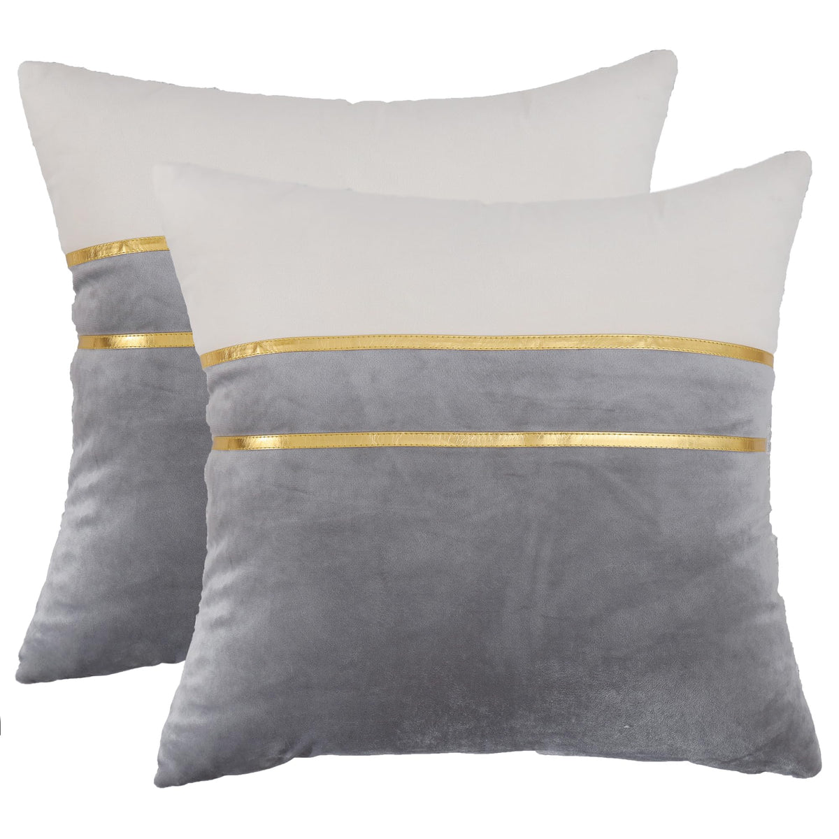 Tosleo Gray Velvet Splicing Throw Pillow Covers 26x26 Inche Pack of 2 with Gold Leather,Soft Decorative Pillow Cover Farmhouse Couch Pillow Case Soft Square Cushion Case(Gray,26x26,Set of 2)