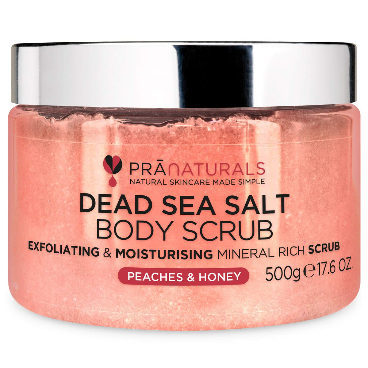 PraNaturals Dead Sea Salt Body Scrub 500G - Hydrating & Moisturising, Natural Oils & Minerals, Exfoliating, Softening & Nourishing, All Skin Types, No Parabens, Vegan & Cruelty Free (Peaches & Honey)