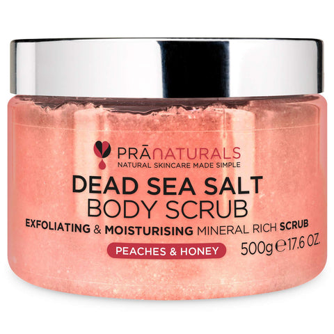 PraNaturals Dead Sea Salt Body Scrub 500G - Hydrating & Moisturising, Natural Oils & Minerals, Exfoliating, Softening & Nourishing, All Skin Types, No Parabens, Vegan & Cruelty Free (Peaches & Honey)