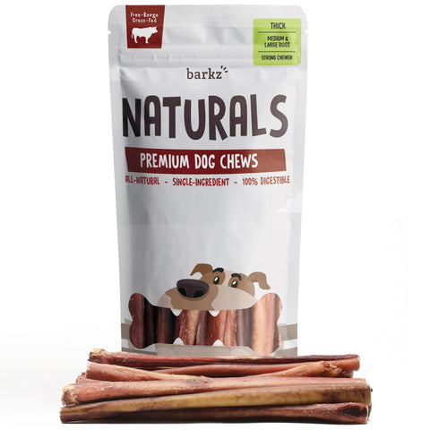 Barkz Naturals 12 Inch Thick Odor-Free Bully Sticks for Medium to Large Dogs, (12 Inch, Thick, 6 Pack), Strong Chewers, All-Natural Beef Pizzle Dog Chews
