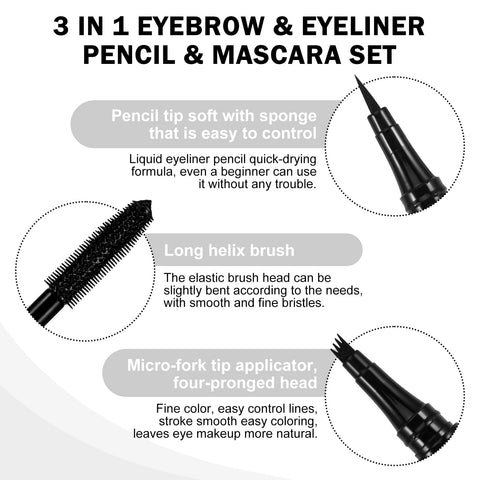 Boobeen 3 in 1 Eye Makeup Set with Liquid Eyeliner Pen, Microblading Eyebrow Pencil and Volume Mascara for Eyelashes, Quick-dry Waterproof Formula, Long Lasting Smudge-proof All Day Natural Eye Look