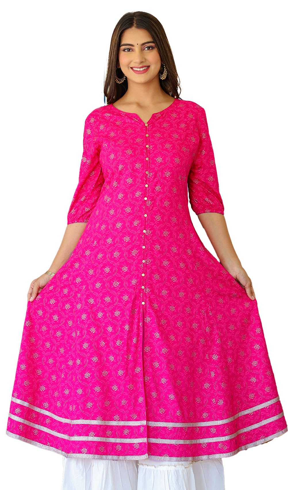 Yash Gallery Women's Floral Gold Printed Anarkali Kurti, Pink, S