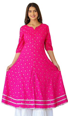 Yash Gallery Women's Floral Gold Printed Anarkali Kurti, Pink, S