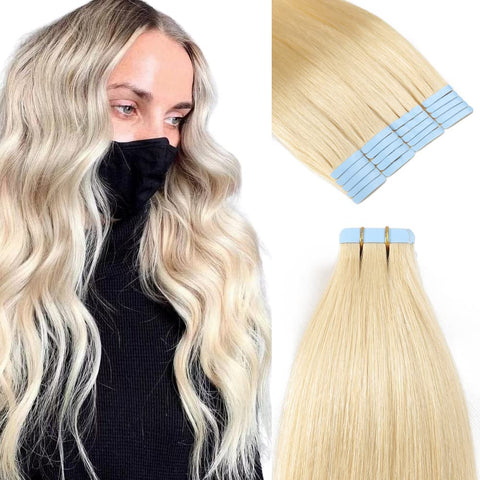 Blonde Tape in Hair Extensions Human Hair 100% Real Remy Hair 20pcs 40g/Set Straight Seamless Invisible Tape in Hair Extensions Human Hair(16 Inch,#613 Blonde)