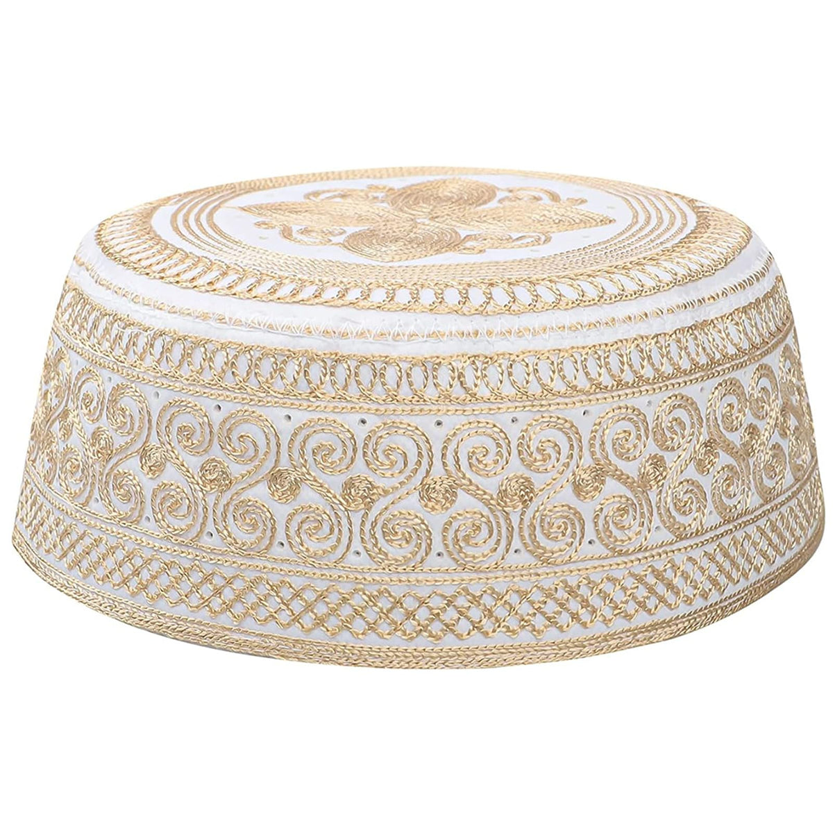 HIQIU Men's Muslim Islamic Prayer Kufi Hat Arabic Indian Hat Beanie Cap Embroidery Flat Prayer Hat, yellow, 56/58