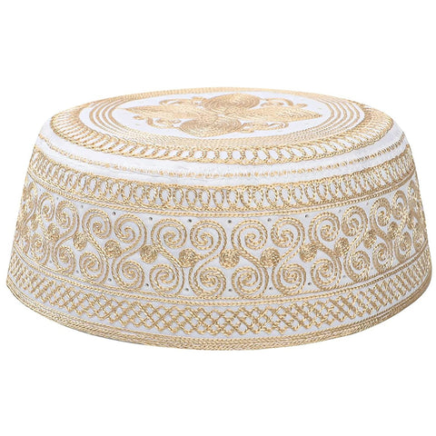 HIQIU Men's Muslim Islamic Prayer Kufi Hat Arabic Indian Hat Beanie Cap Embroidery Flat Prayer Hat, yellow, 56/58